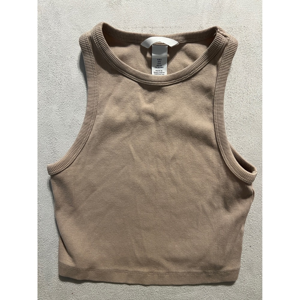 HM Women Beige Ribbed Knit Crop Tank Top Sleeveless Racerback Small